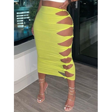 

LW SXY Hollow-out Basic Skinny Yellow Ankle Length Skirt