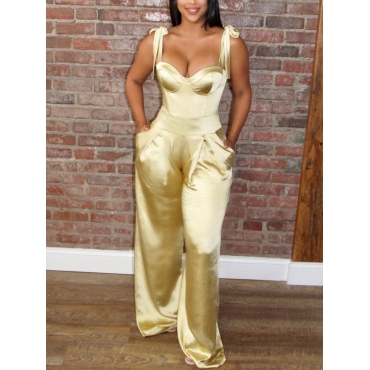 

Lovely Sexy Spaghetti Strap Wide Leg Yellow One-piece Jumpsuit