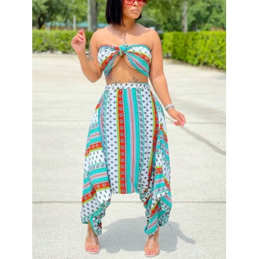 

LW Boho Off The Shouder Dot Print Blue Two Piece Pants Set