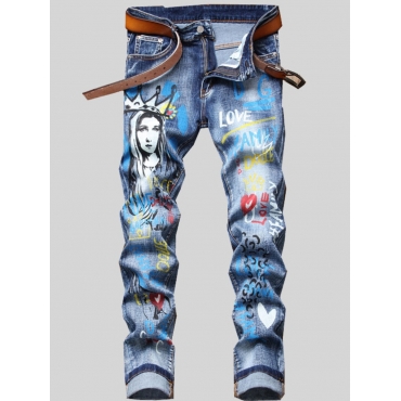 

LW Men Casual Mid Waist Graffiti Print Blue Jeans