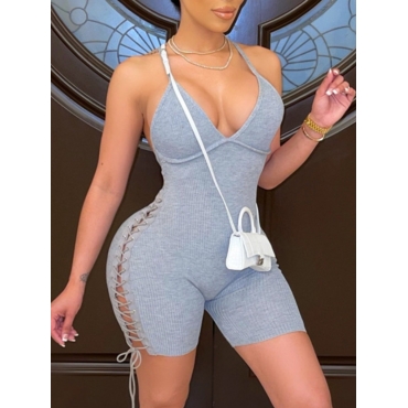 

Lovely Sexy Backless Rib-Knit Bandage Design Grey One-piece Romper