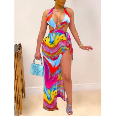 

LW Sexy Tie-dye Backless Slit Multicolor Floor Length Dress, Multi