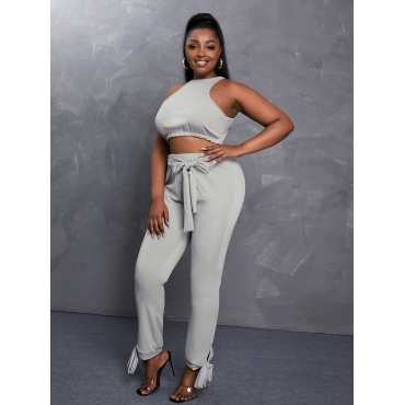 

Lovely Plus Size Casual Round Neck Drawstring Grey Two-piece Pants Set