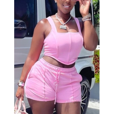 

Lovely Casual Square Neck Drawstring Asymmetrical Pink Two Piece Shorts Set