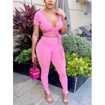 

Lovely Casual Rib-Knit Bandage Design Pink Two Piece Pants Set
