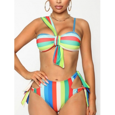 

Lovely Boho Striped Bandage Hollow-out Design Multicolor Two-piece Swimsuit, Multi