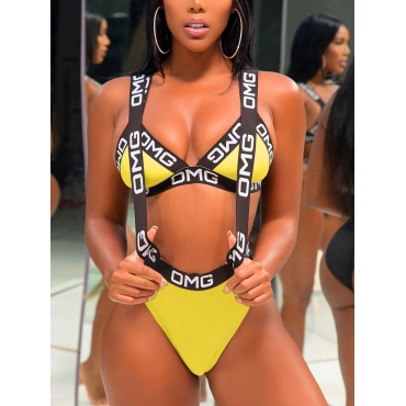 

Lovely Boho Letter Print Patchwork Yellow Two-piece Swimsuit
