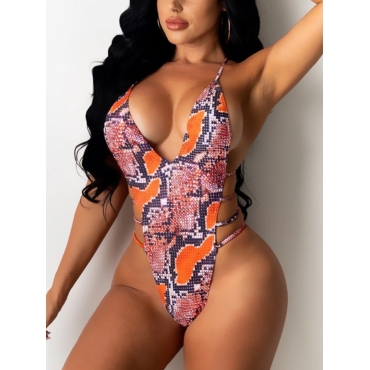 

Lovely Boho Animal Print Backless Red One-piece Swimsuit