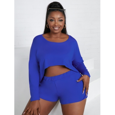 

Lovely Plus Size Casual Round Neck Asymmetrical Blue Two-piece Shorts Set