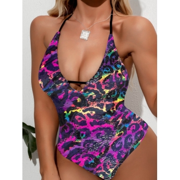 

Lovely Boho Print Backless Bandage Design Purple One-piece Swimsuit