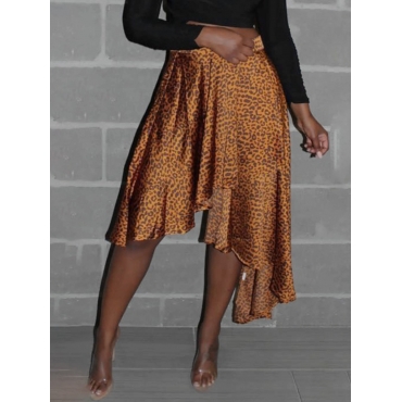 

Lovely Casual Leopard Print Asymmetrical Gold Mid Calf Skirt