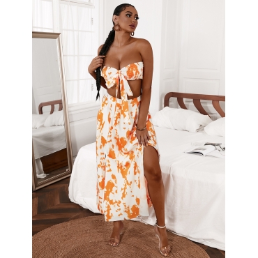 

LW COTTON Boho Tie-dye Bandage Design Slit Yellow Two Piece Skirt Set