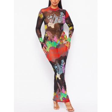 

LW SXY Map Letter Print See-through Black Ankle Length Dress
