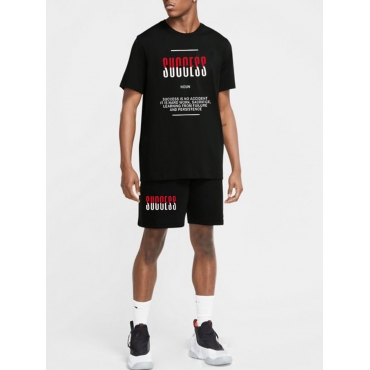

LW Men Casual Letter Print Drawstring Black Two Piece Shorts Set