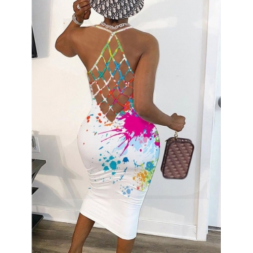 

Lovely Street Splash-ink Design Backless White Knee Length Dress