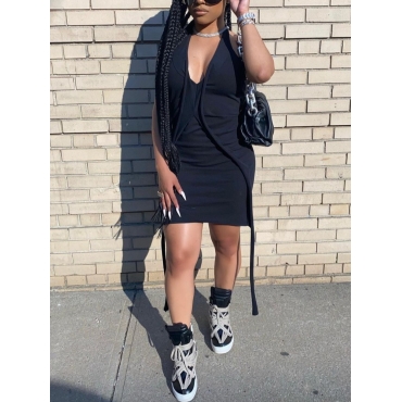 

LW Casual V Neck Elastic Black Mini Dress