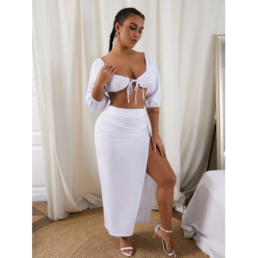 

LW SXY Bandage Fold Design Slit White Two Piece Skirt Set