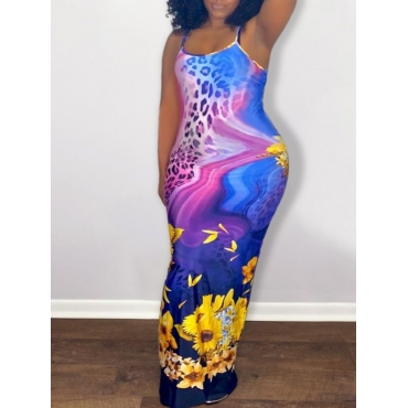 

Lovely Plus Size Casual Leopard Floral Print Purple Floor Length Dress
