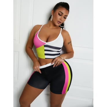 

Lovely Casual Patchwork Skinny Multicolor Two Piece Shorts Set, Multi