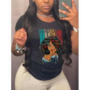 

LW BASICS Casual Round Neck Cartoon Letter Print Black T-shirt