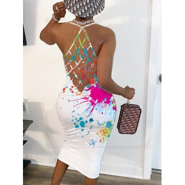 

LW BASICS Plus Size Casual Hollow-out Splash-ink Design White Mid Calf Dress