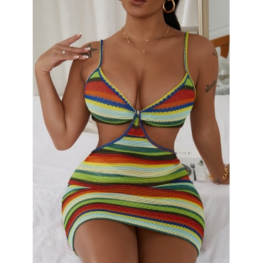 

Lovely Sexy Striped Rib-Knit Hollow-out Multicolor Mini Dress, Multi
