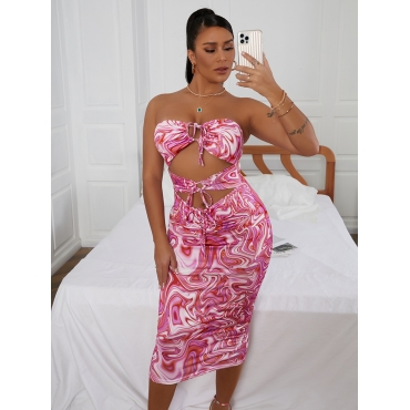 

Lovely Sexy Bandage Hollow-out Design Pink Mid Calf Dress