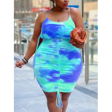 

LW Plus Size Casual Tie-dye Drawstring Blue Mini Dress