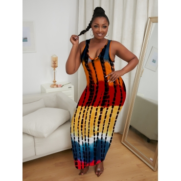 

Lovely Plus Size Casual V Neck Tie-dye Multicolor Ankle Length Dress, Multi