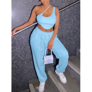 

LW One Shoulder Drawstring Two Piece Pants Set, Blue