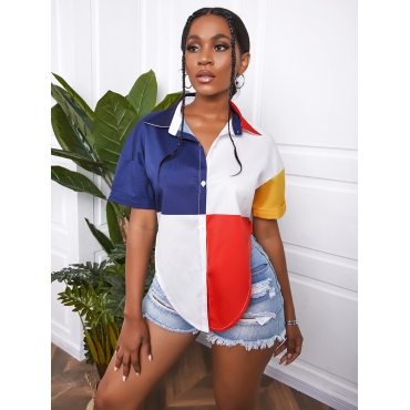 

Lovely Casual Turndown Collar Color-lump White Blouse