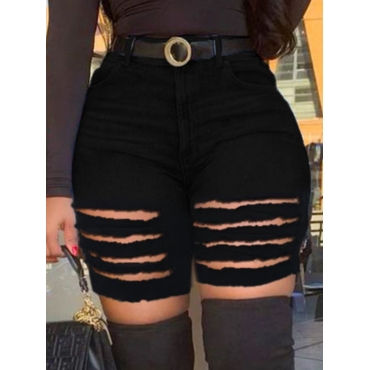 

LW High-waisted Ripped Denim Shorts, Black