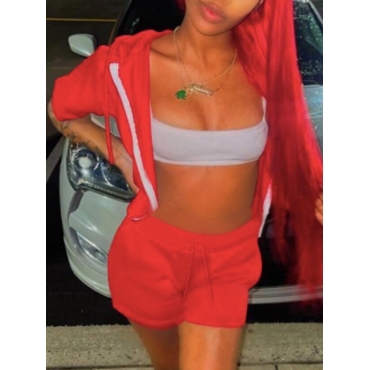 

LW Hooded Collar Drawstring Two Piece Shorts Set, Red