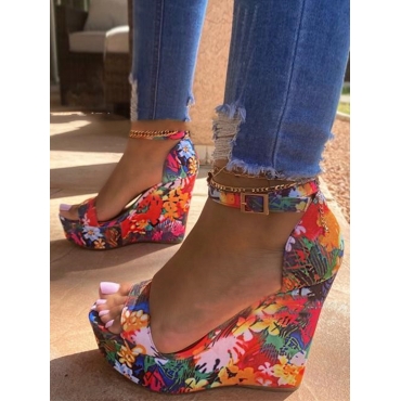 

LW Floral Print High Sole Platform Shoes, Red