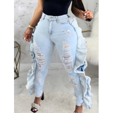 

Lovely Plus Size Street Ripped Flounce Design Baby Blue Jeans