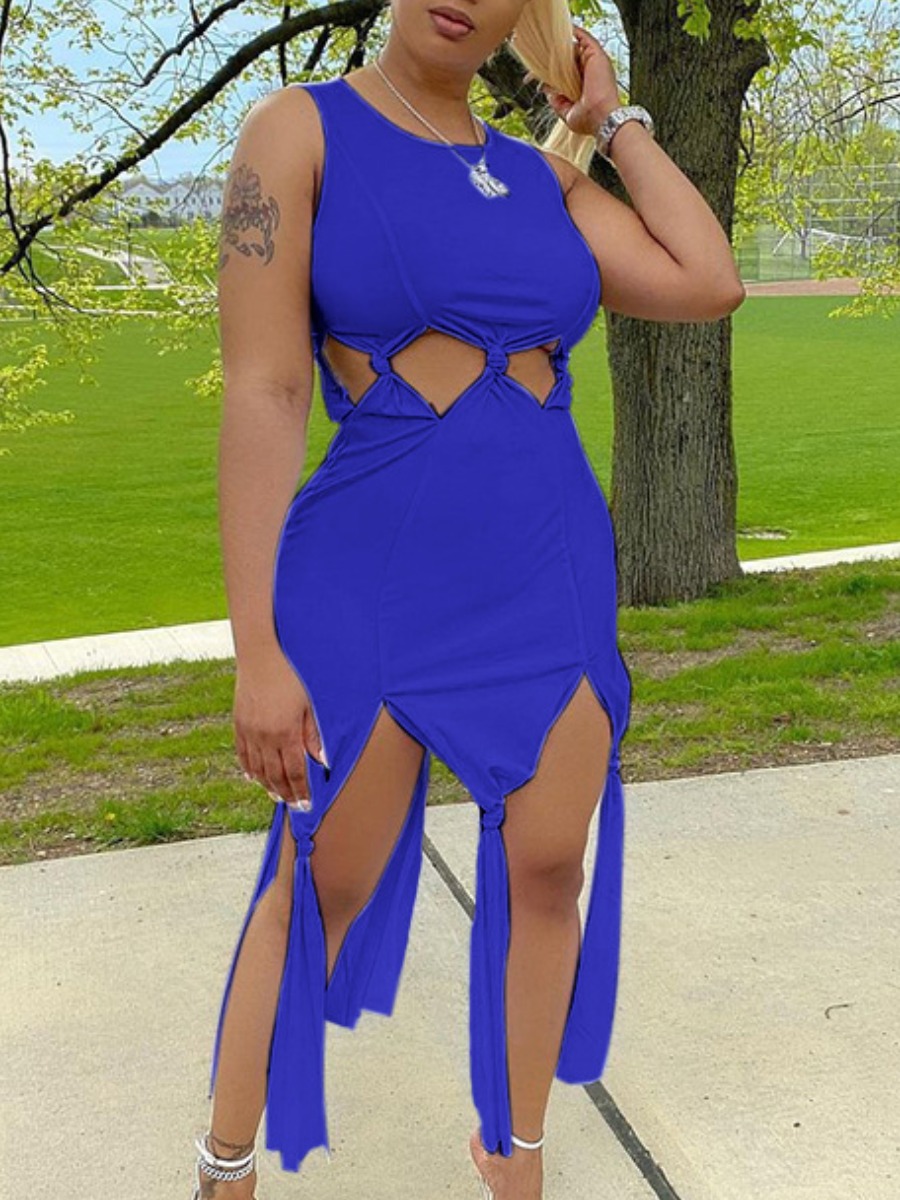 

Lovely Knot Design Hollow-out Split Dress, Blue