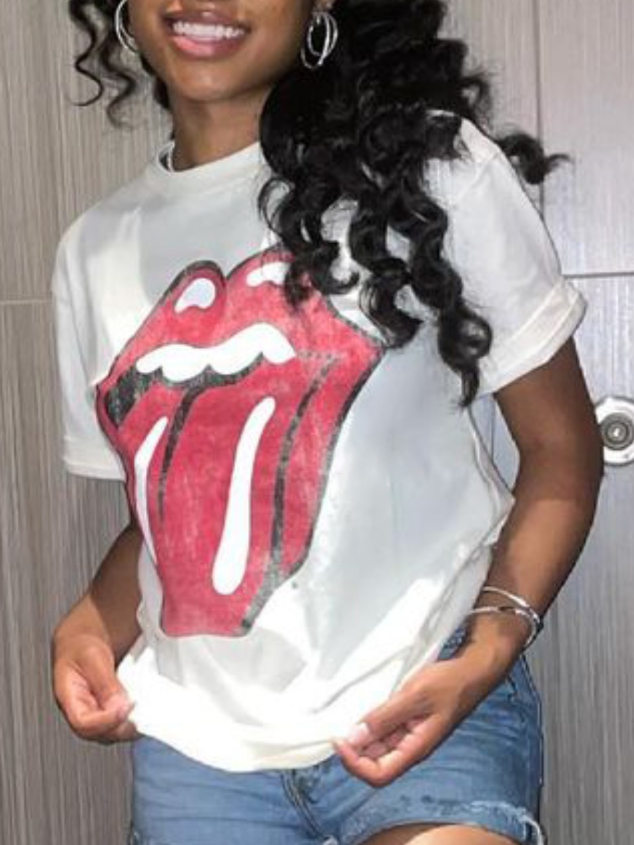 

Lovely Round Neck Lip Print T-shirt, White