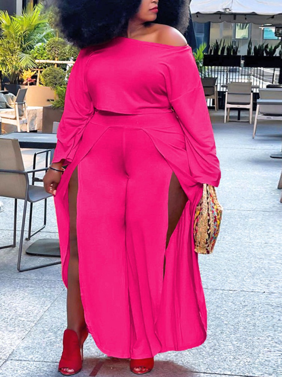 

LW Plus Size Wide Leg Split Two-piece Pants Set, Rose red
