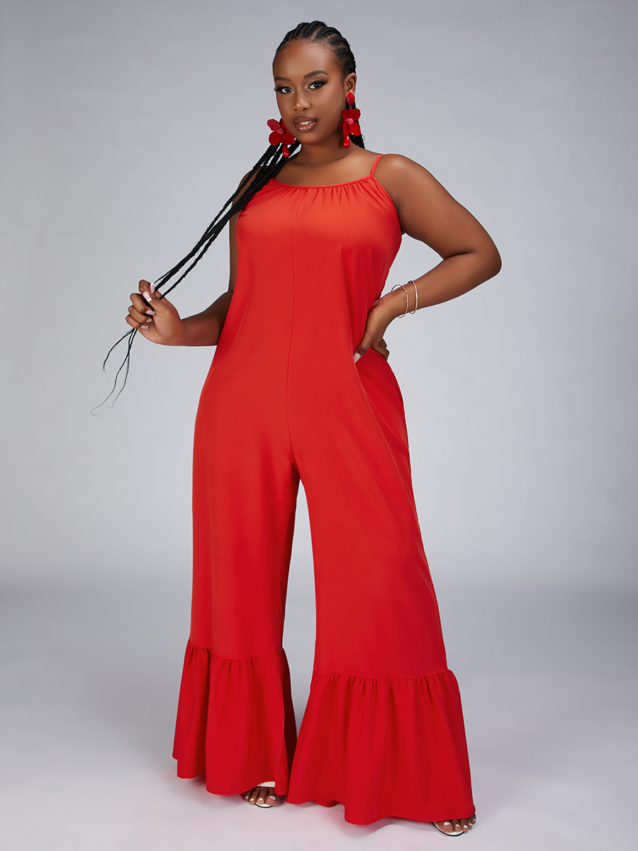 

LW Plus Size Flounce Design Wide Leg One-piece Jumpsuit, Red
