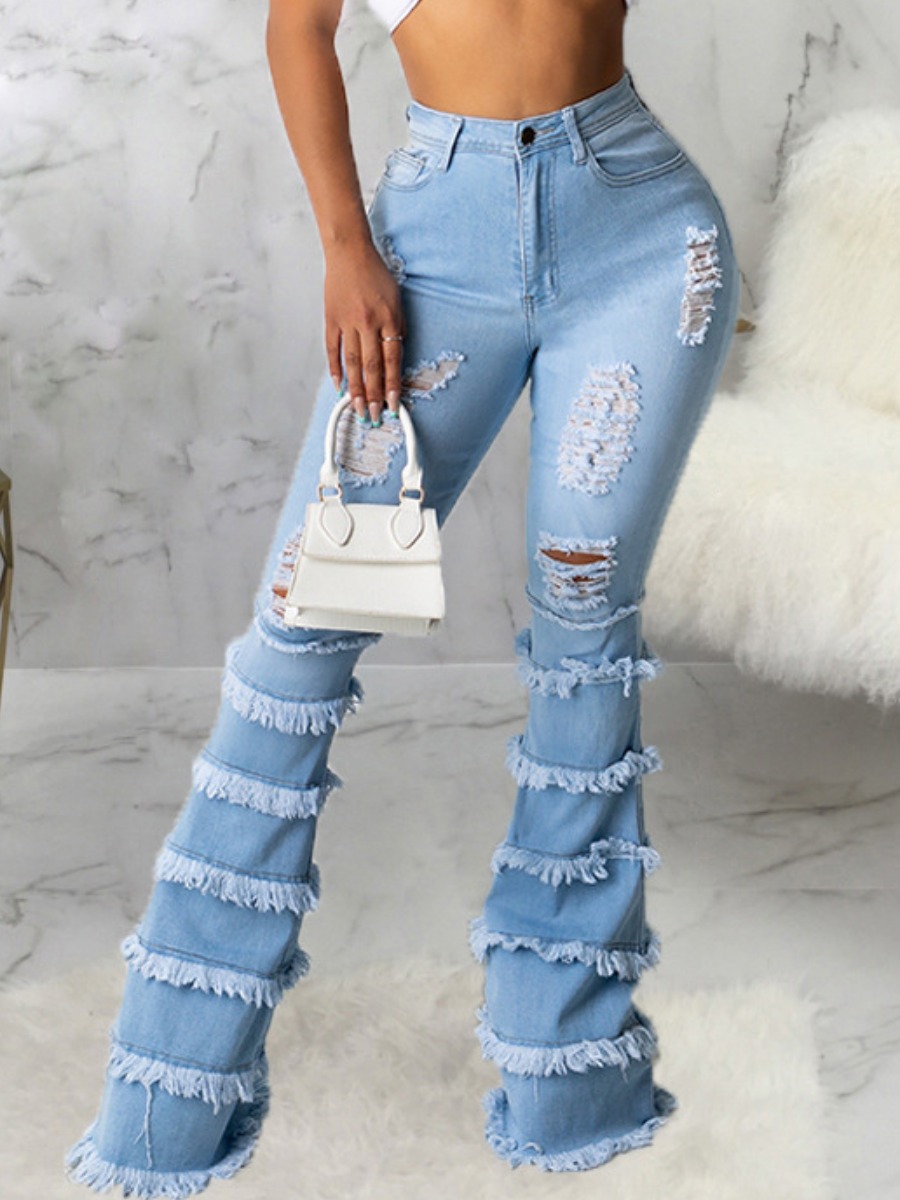 

LW Ripped Flared Raw Edge Jeans, Baby blue