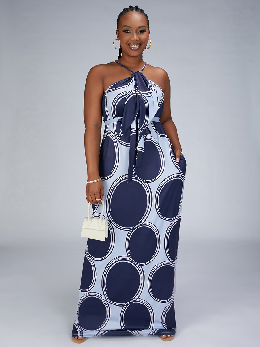 

Lovely Plus Size Off The Shoulder Geometric Print Dress, Blue
