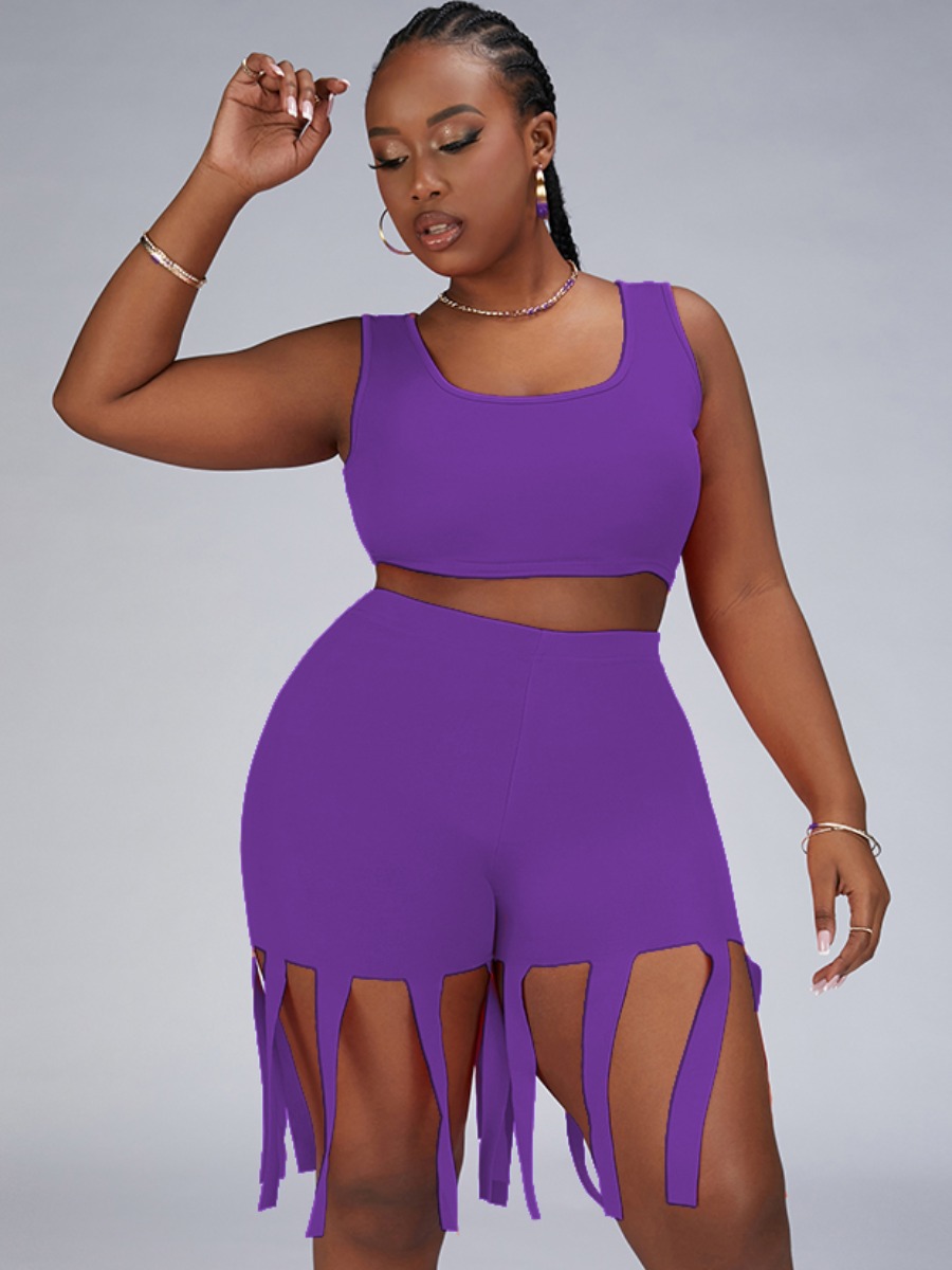 

LW Plus Size U Neck Tassel Design Two-piece Shorts Set, Purple