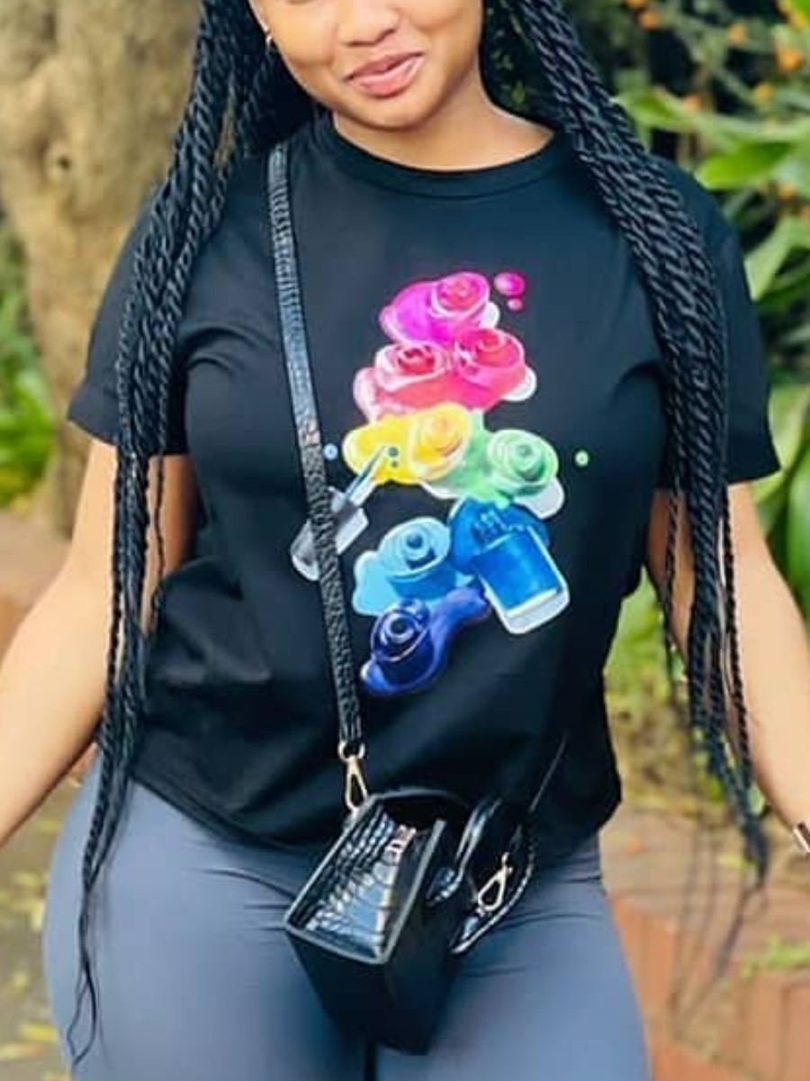 

Lovely Graffiti Print Patchwork T-shirt, Black