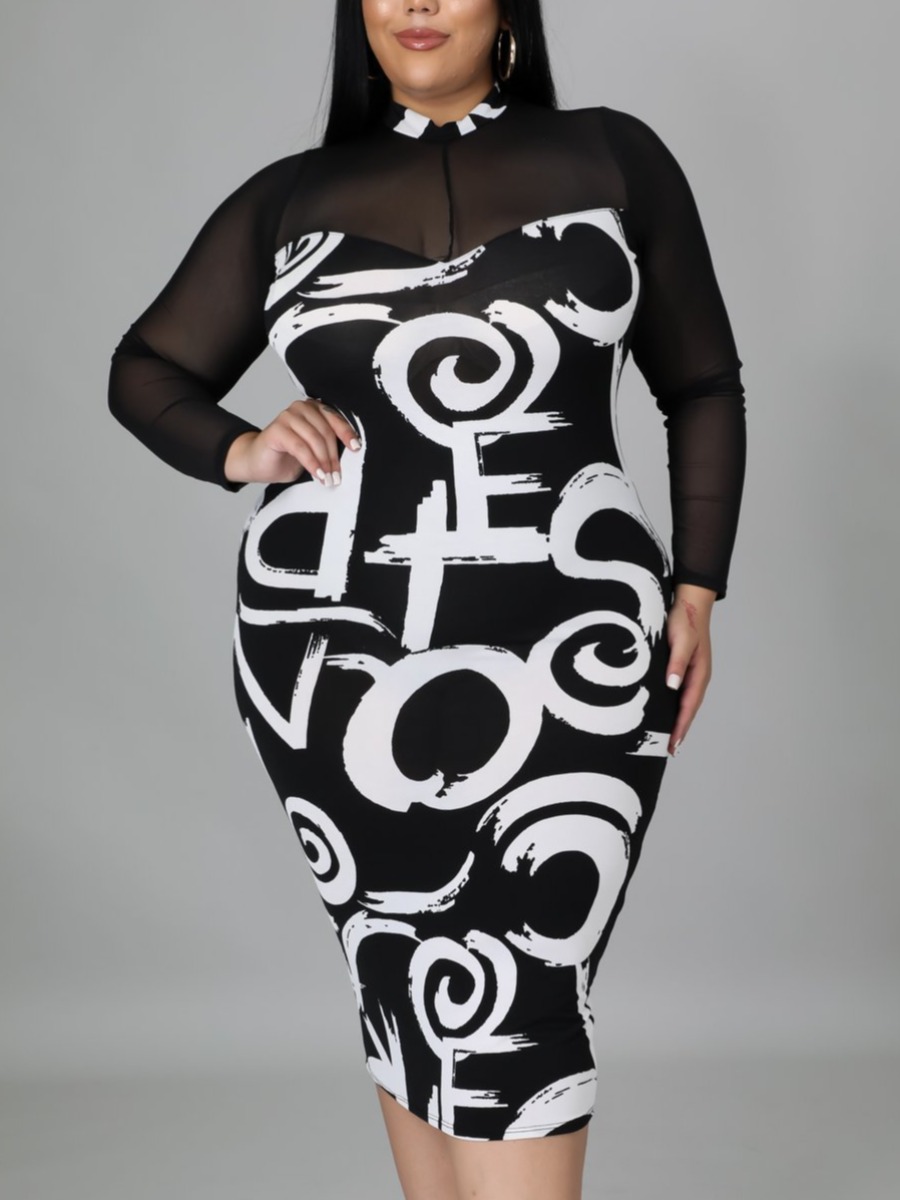 

LW Plus Size Graffiti Print See-through Dress, Black
