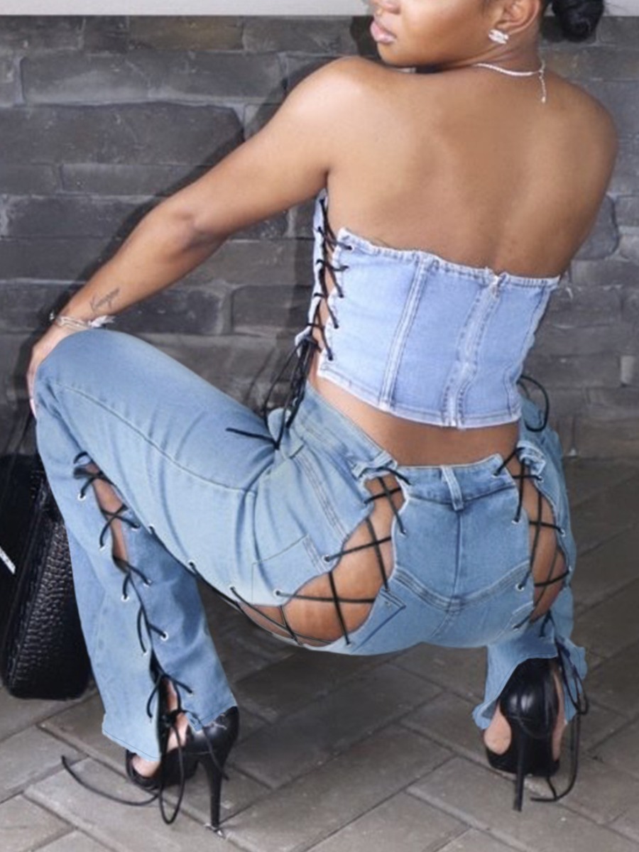 LW Bandage Hollow-out Design Jeans