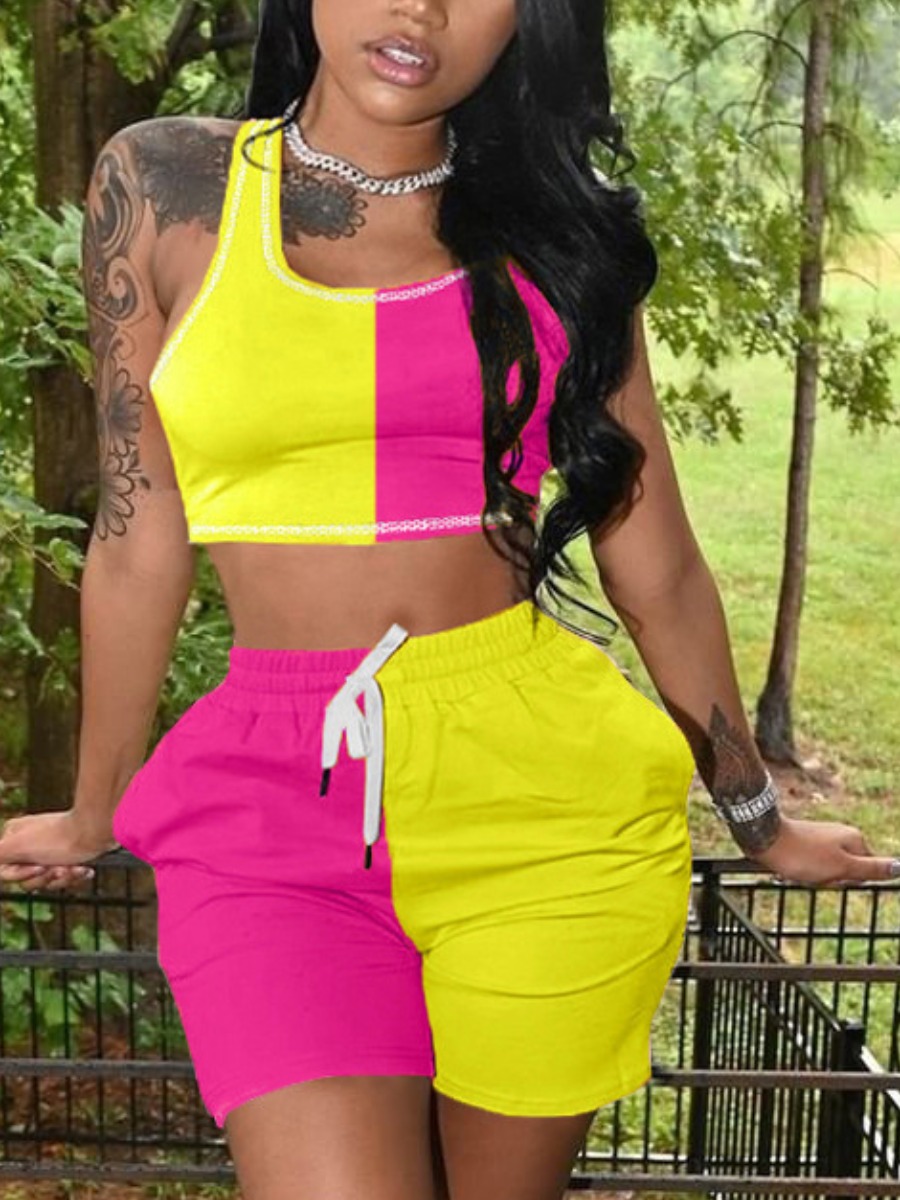 

Lovely Color-lump Drawstring Two Piece Shorts Set, Pink