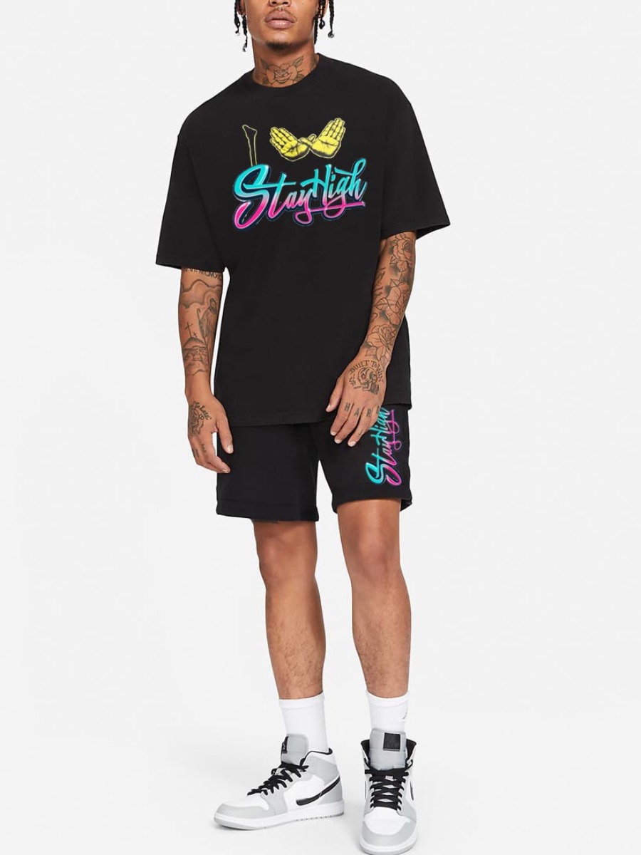 

Lovely Men Palm Letter Print Two Piece Shorts Set, Black