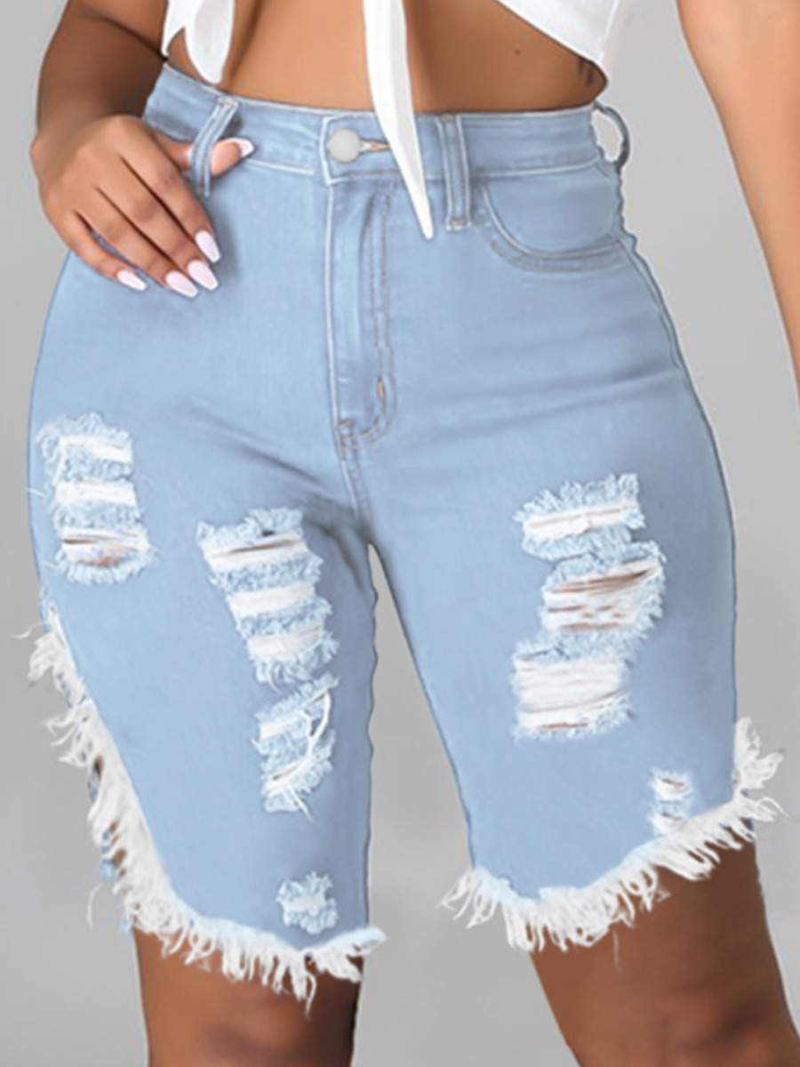 

Lovely High-waisted Ripped Denim Shorts, Baby blue
