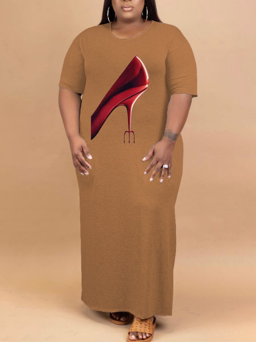 

LW BASICS Plus Size Round Neck Side Slit Dress, Brown