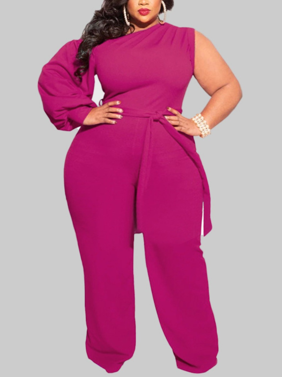 

LW Plus Size One Sleeve Wide Leg One-piece Jumpsuit, Rose red